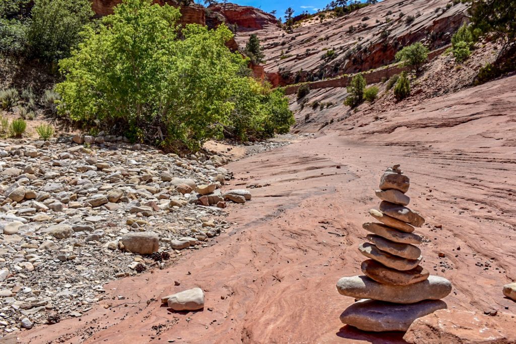 rock cairn on trail at Zion National Park